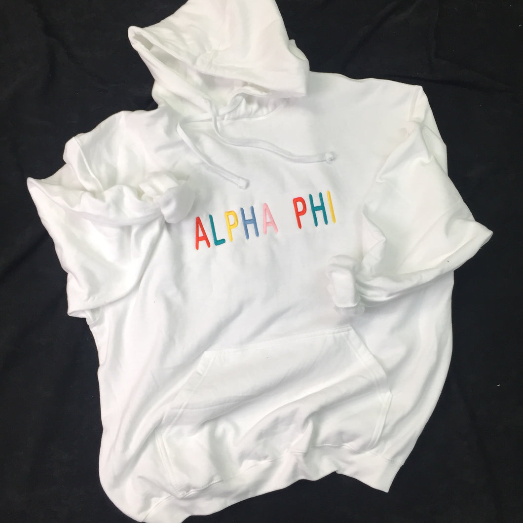 Alpha Phi Rainbow Embroidered Hoodie - White